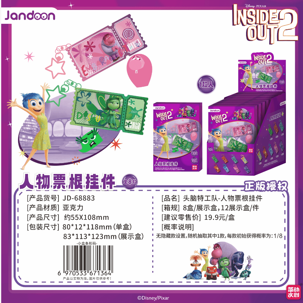 JANDOON 디즈니 인사이드 아웃 캐릭터 티켓 키링 블라인드박스